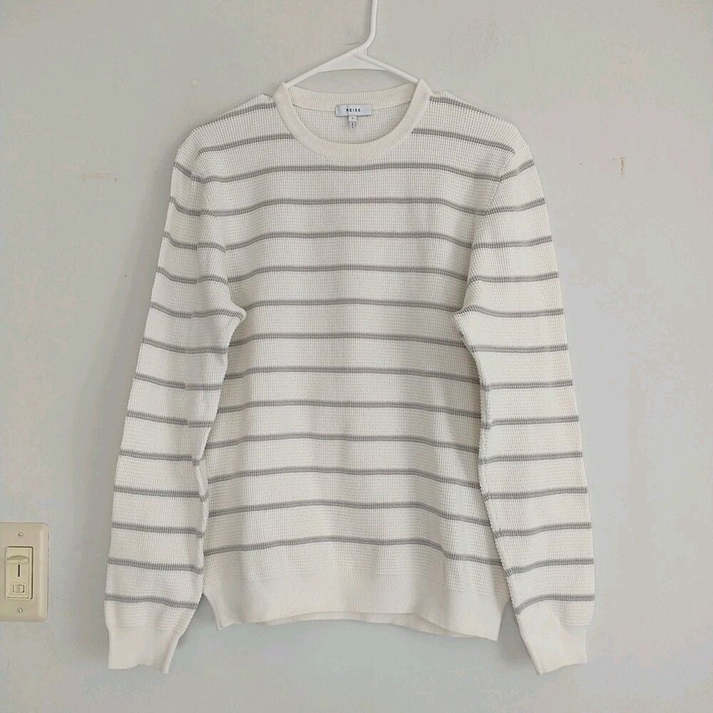 REISS Sweater Pullover Mens L/S*White Gray Stripe Samson Knit Waffle CottonBlend